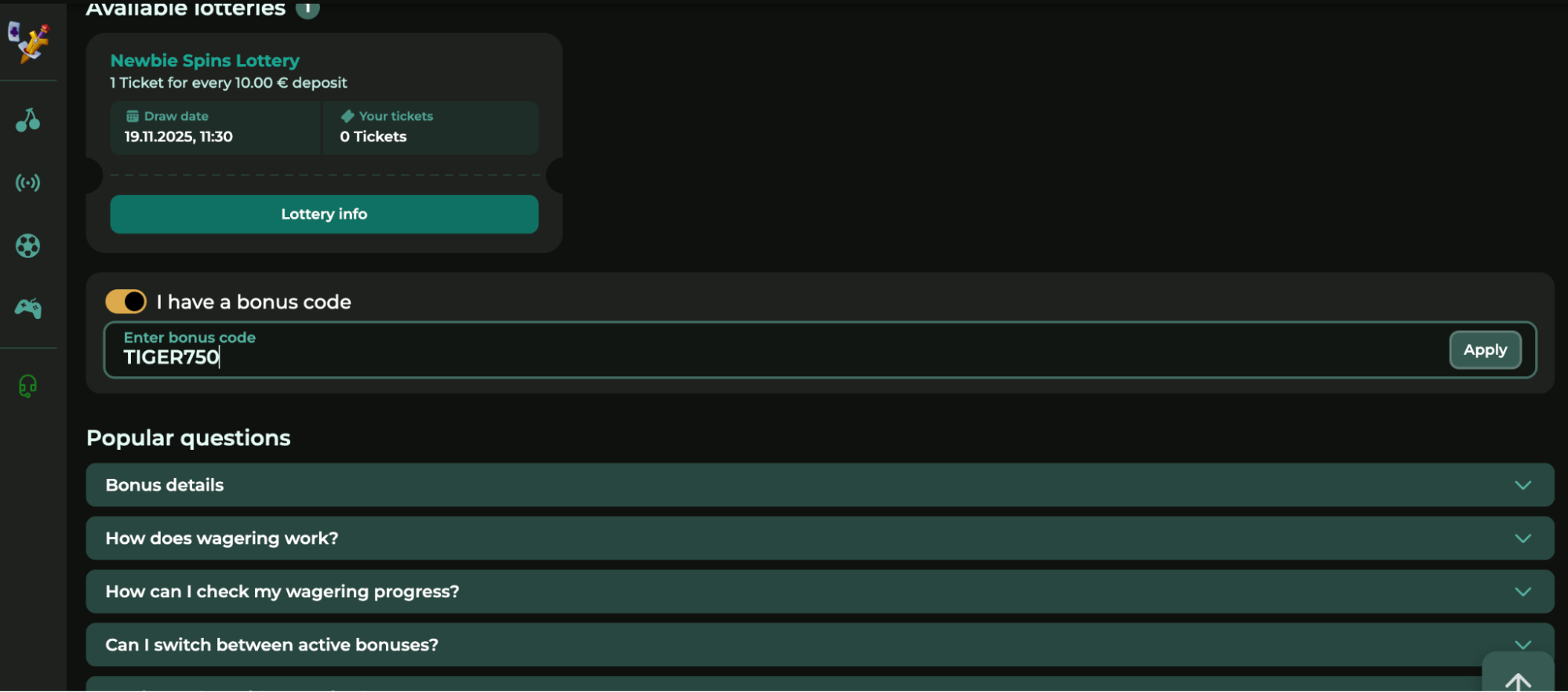 Screenshot of promo code field in account