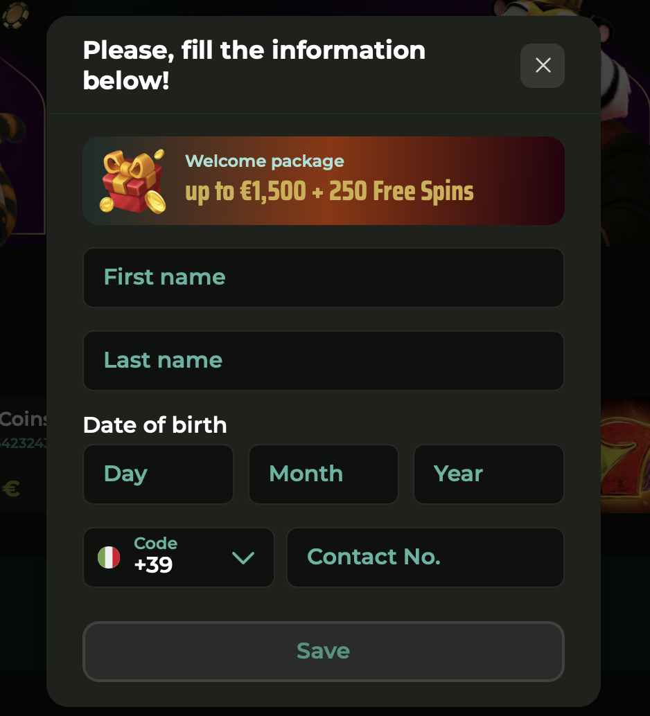 Screenshot of sign up form