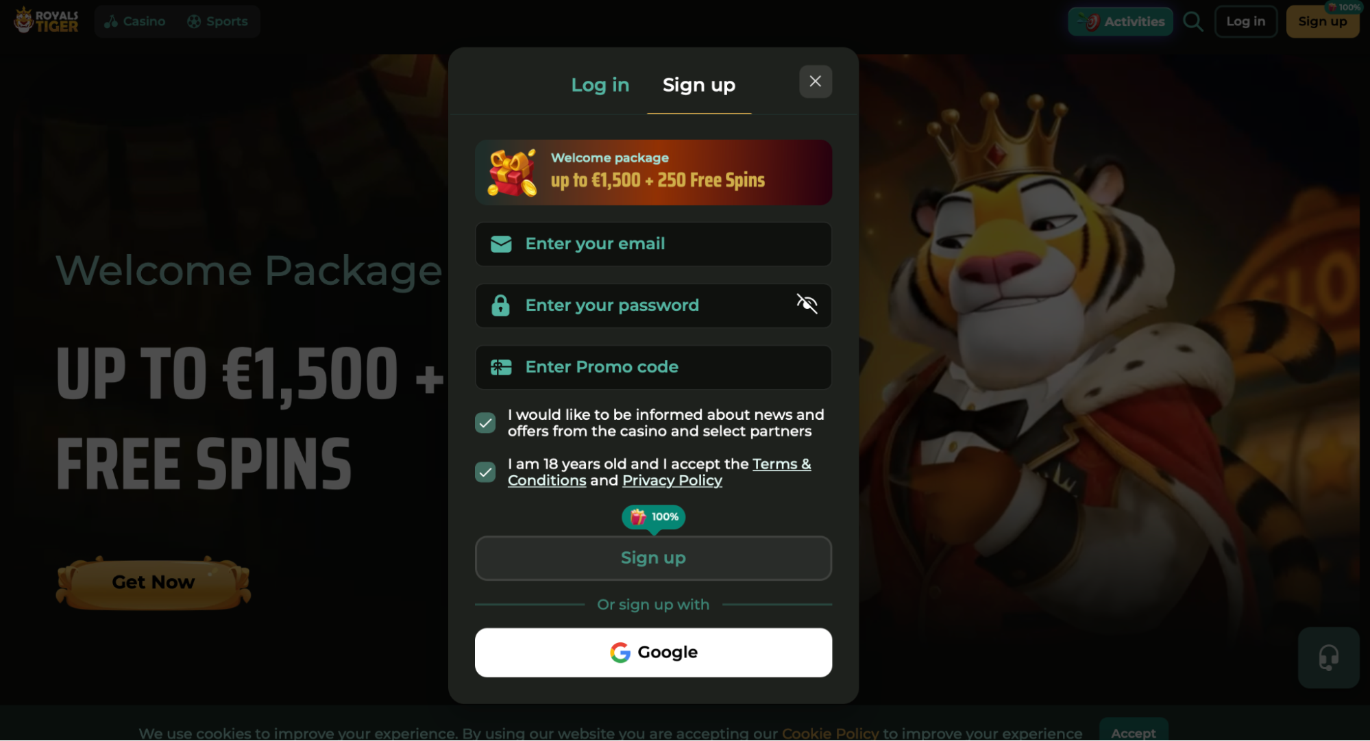 Screenshot of registration details form